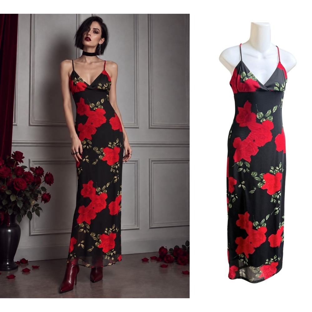 Rocket Candy Maxi Dress Mesh Red Rose Black Small Vintage 90s Goth Grunge Glam